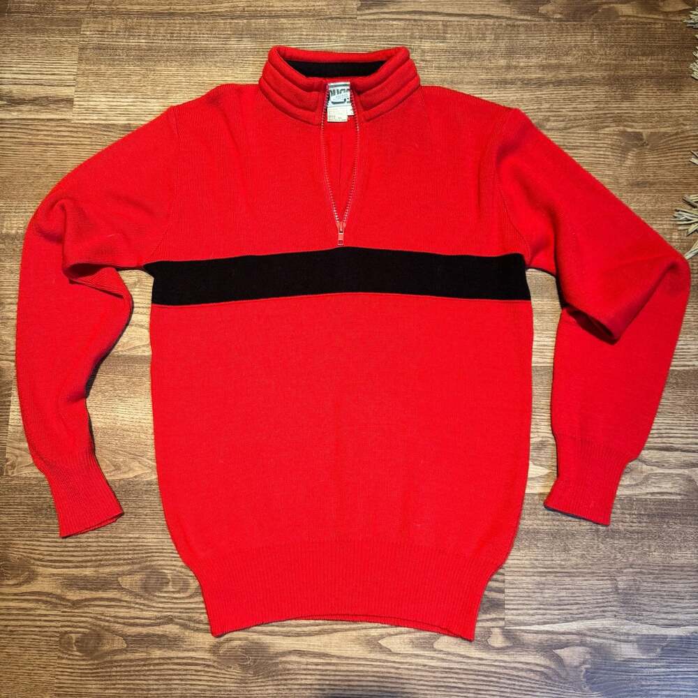 Vintage Snuggler Quarter-Zip Wool-Blend Ski Sweater Red Black Stripe Mens 40/M